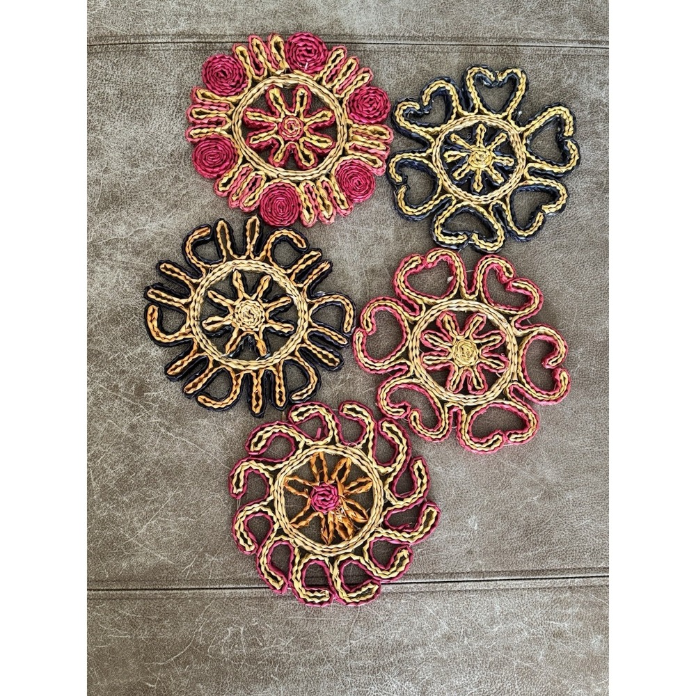 5 Vtg Wicker Straw Trivets Hot Pad Woven Rattan Pot Holder Boho Wall Decor